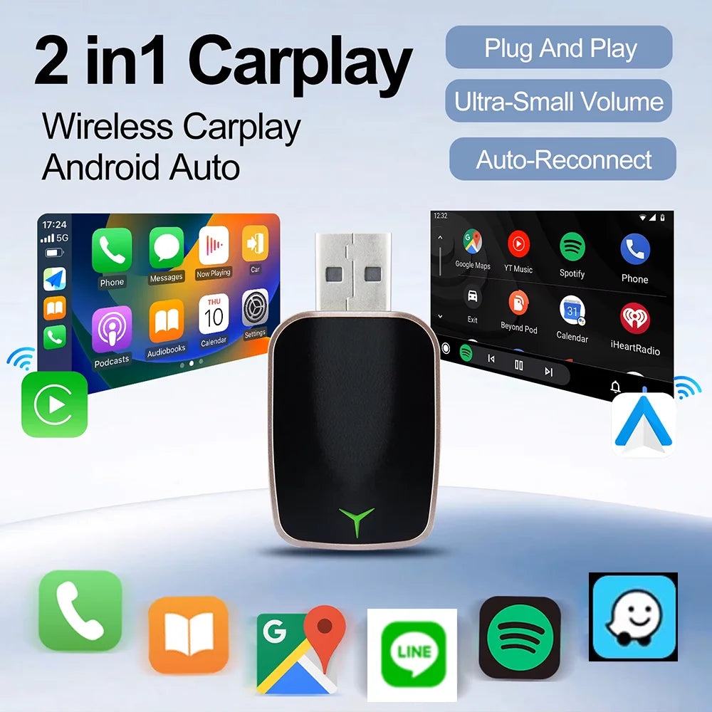 Mini Wireless CarPlay & Android Auto Adapter, Compatible with Mercedes-Benz, Chevrolet, Ford, Honda & Toyota