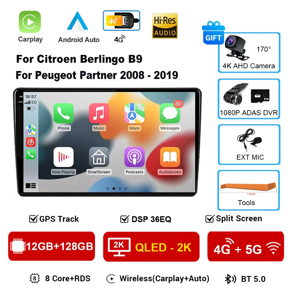 Android 16 Car Radio 4G+WIFI Carplay For Citroen Berlingo For Peugeot Partner 2008 - 2019 Navigation GPS Car Multimedia Player