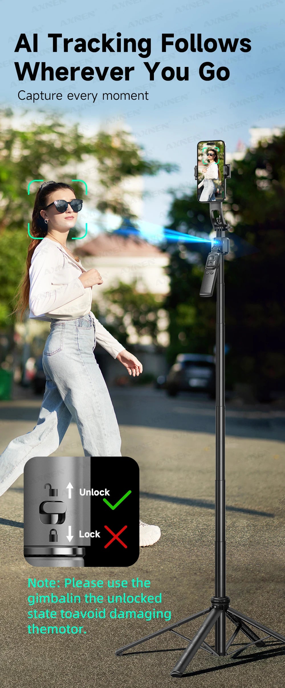 AXNEN C17 64" AI Face Tracking Selfie Stick Tripod – 360° Auto Rotation, Bluetooth Remote & Quadruped Stand
