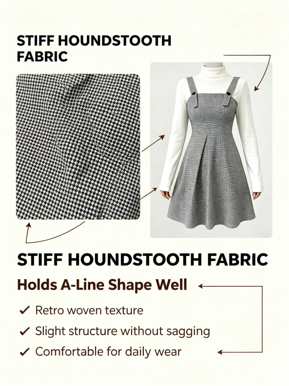 Women Vintage Houndstooth Pinafore Dress High Waist A-Line Mini Dress Adjustable Button Strap Sleeveless Suspender Skirt