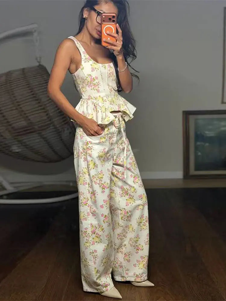 Elegant Printed Vest & Wide-Leg Pants Set — Women's 2-Piece