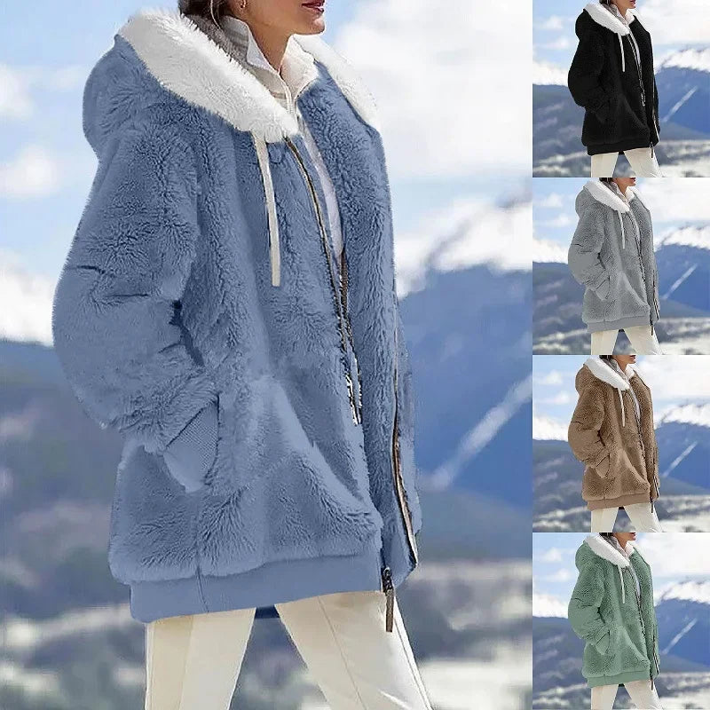 Women's Hooded Fleece Zip Jacket, Casual Winter Coat