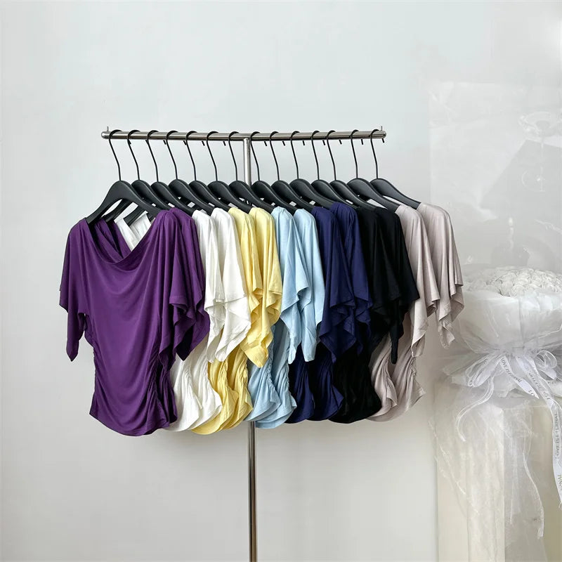 Women's Summer High Stretch Slash Neck Flare Sleeve Slim T Shirt Lady Sexy Pleated Slim Solid Color Pullover Tee Top