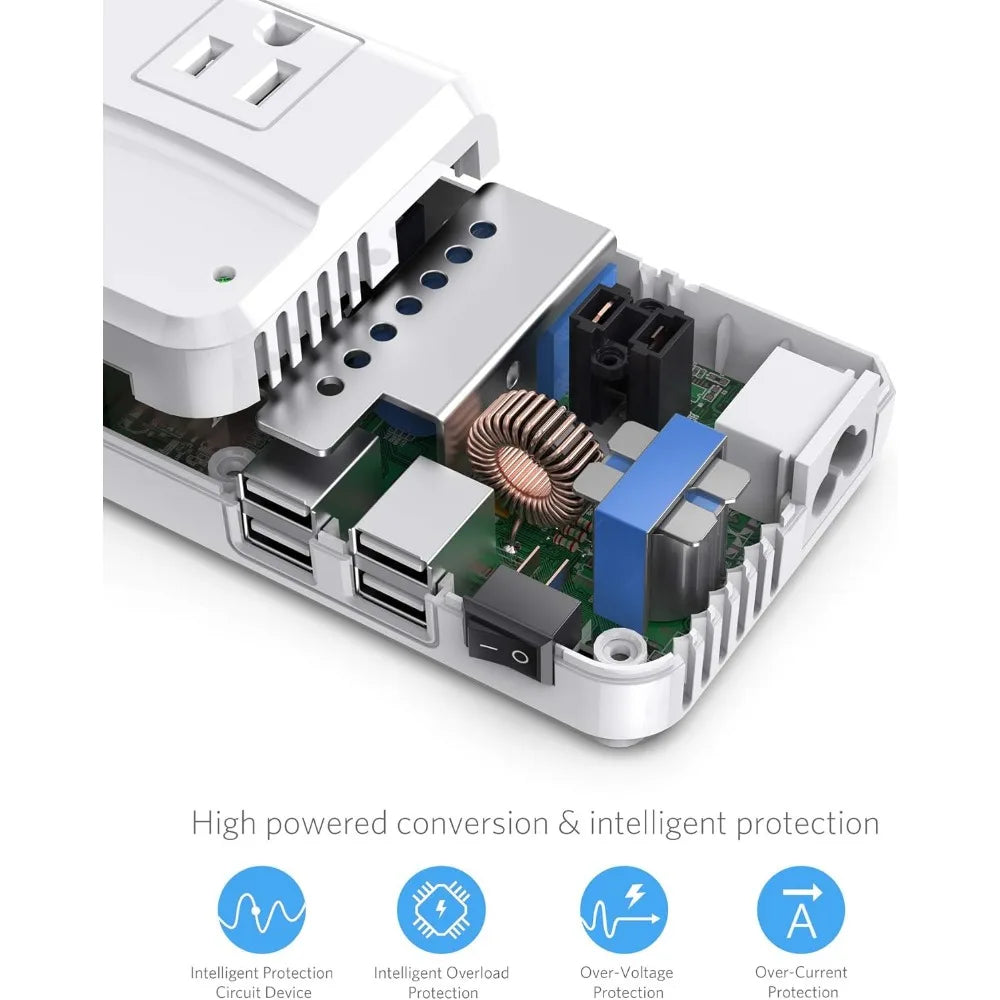 Global Travel Adapter,110-220V to 110V Converter, 250W, 6A 4-Port USB Charger, 3 AC Outlets, Fits EU/UK/AU/US/India Plugs