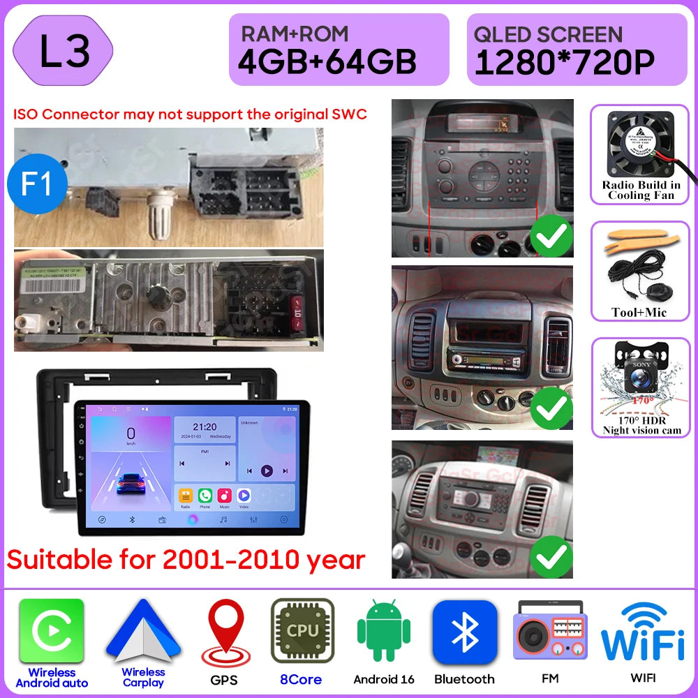 Car Stereo with Apple CarPlay & Android Auto, Compatible with Renault Trafic 2, Opel Vivaro A & Nissan Primastar