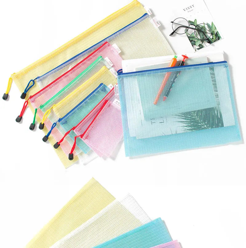 10PCS Stationery Storage Folder File Mesh Zipper Pouch Document Bag Office and Educational Supplies Storage Students Stationery