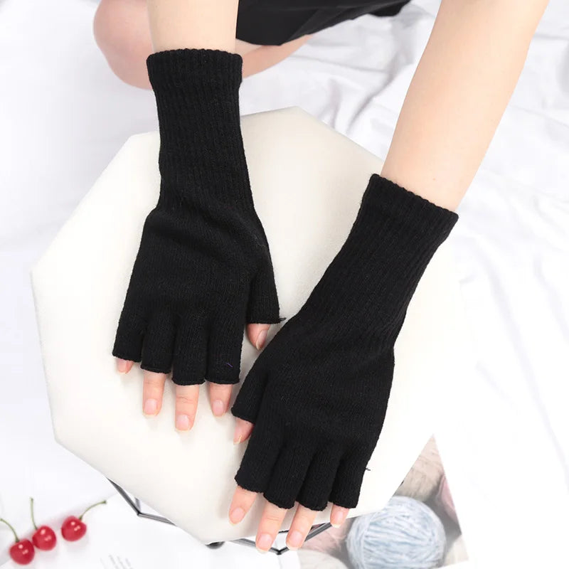 Unisex Black Knit Fingerless Gloves - Winter Driving & Writing Gloves - photo 3