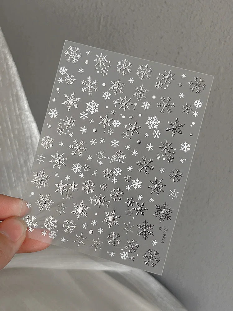 1pcs Christmas Nail Art Sticker with Gold/Silver Foil Snowflakes Iridescent Sparkle Adhesive Backing DIY  3D Nail Decoration
