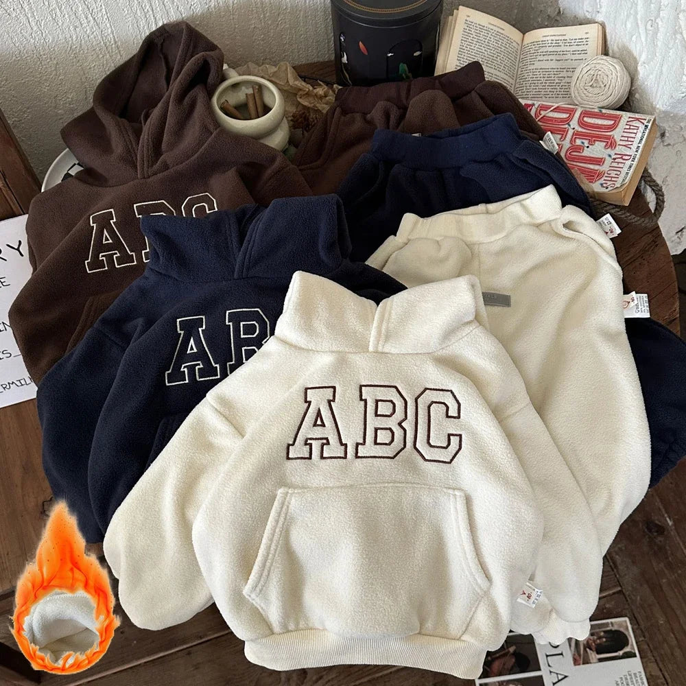 Kids Fleece Hoodie and Pants Set - Letter Print Winter Tracksuit
