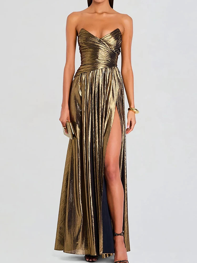 Women Spring Summer Sleeveless Casual Maxi Dress Strapless Elegant Fashion Party Dress Office Lady Retro High Slit Dress Vestido