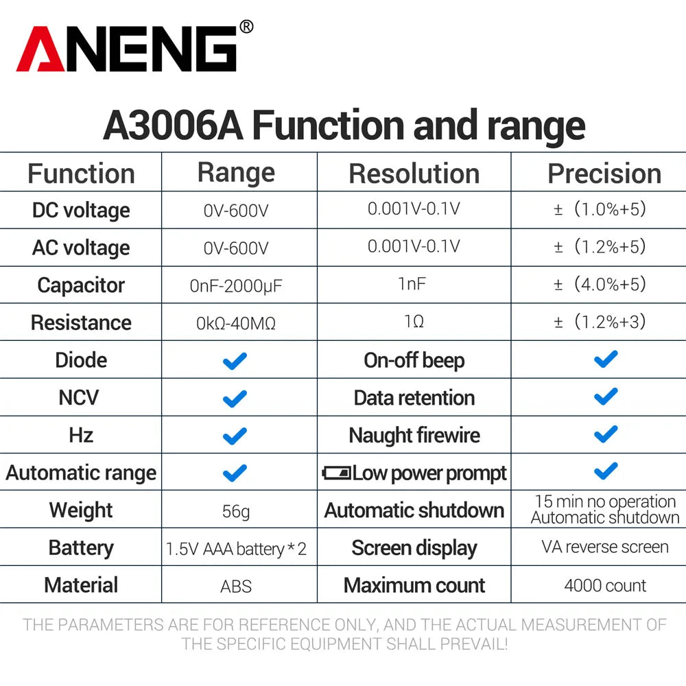 ANENG A3006A Digital Pen Multimeter 4000Counts AC/DC Voltage Non-contact Inductive Electricity Hz Diode Resistance Tester Tools