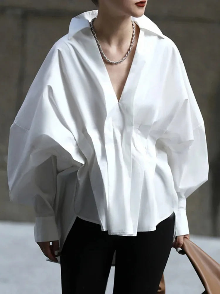 Missuoo Women's Solid Black Oversized V Neck Cotton Blouse 2026 Casual Batwing Sleeve Gathered Waist Buttonless Shirt Top