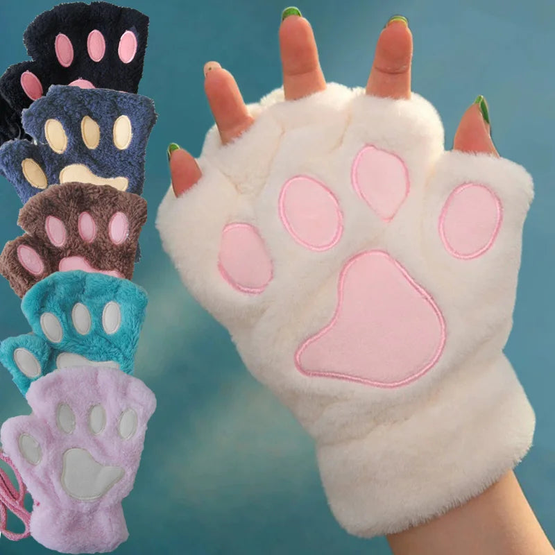 Women's Cat Paw Plush Mittens, Fingerless