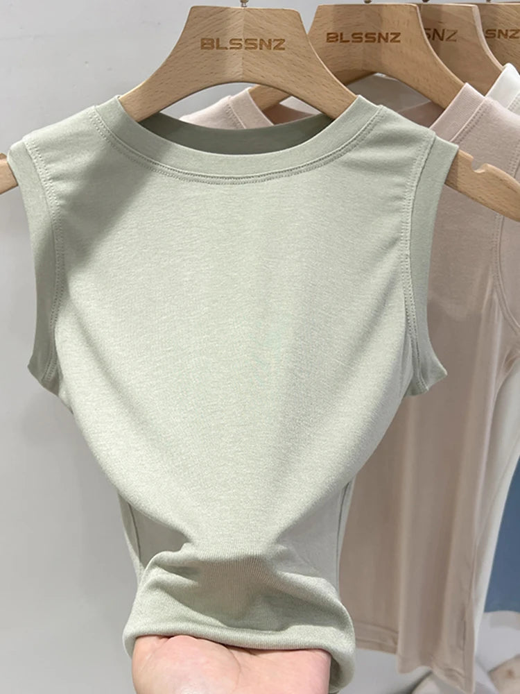 zjaiss 2026 Cotton Tops Neck Summer Basic Shirts White Black Casual Sport Vest Off Shoulder Green Women's Tank Top