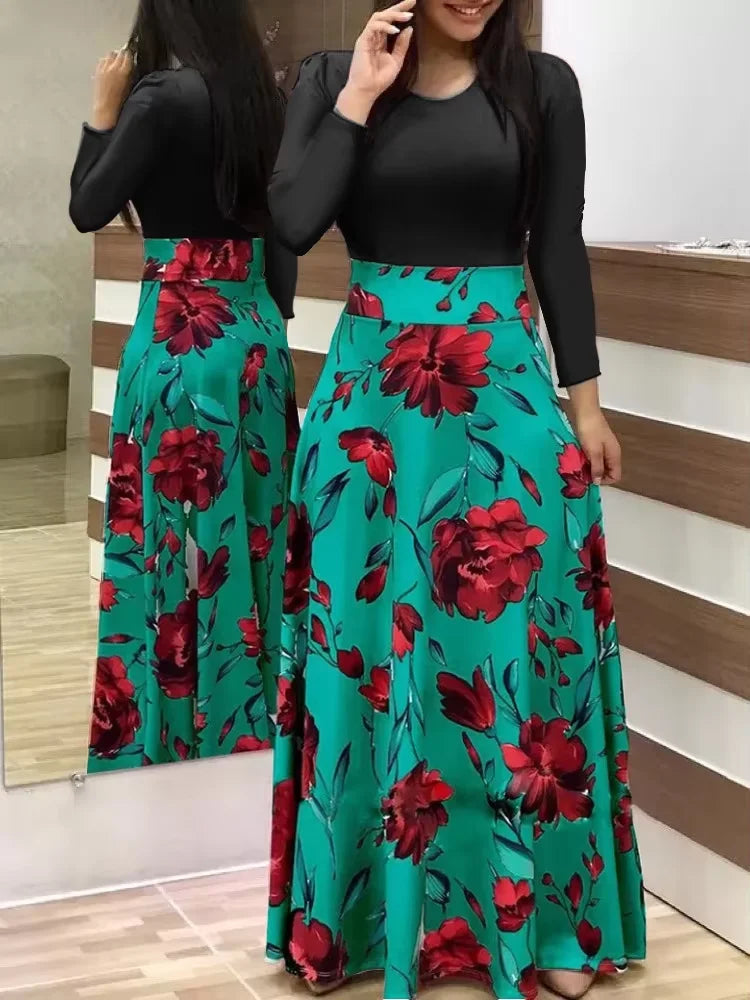 2025 European and American style flower print color matching short sleeved dress for women's large swing skirt