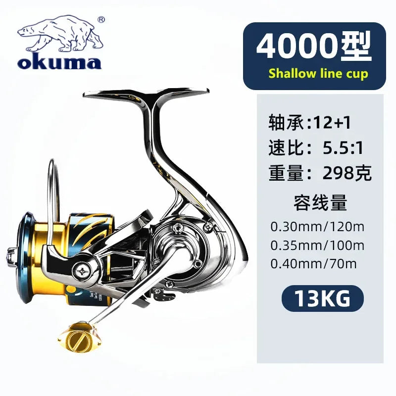 OKUMA all metal fishing reel shallow line cup rotating wheel 15KG anti seawater corrosion rotating reel1000-5000
