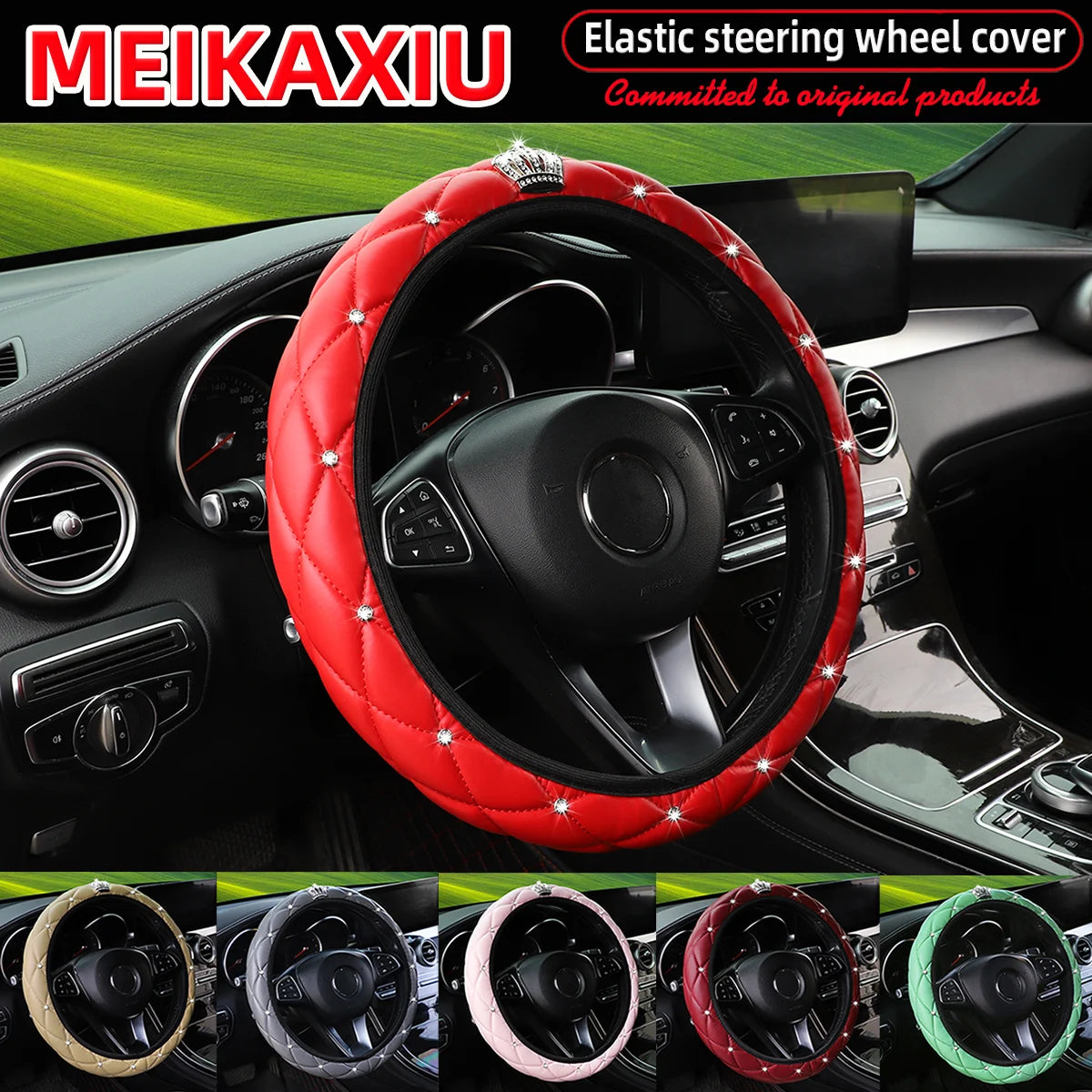 Soft leather diamond-studded crown Blingbling car without inner ring steering wheel cover suitable for 14.5 - 15 inch car access