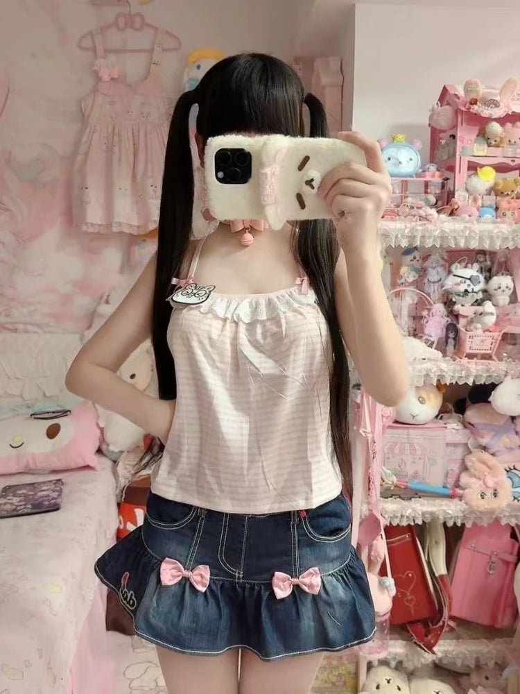 Women's Sweet Kawaii Lace Bow Camisole – Pink Stripe Off Shoulder Japanese Chic Vest Top