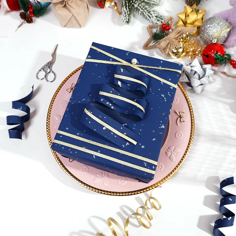 Gift Wrapping Paper Roll, 1 Roll 17 Inch X 120 Inch, Navy Blue Gold Foil Design for Holiday, Birthday, Wedding, Party
