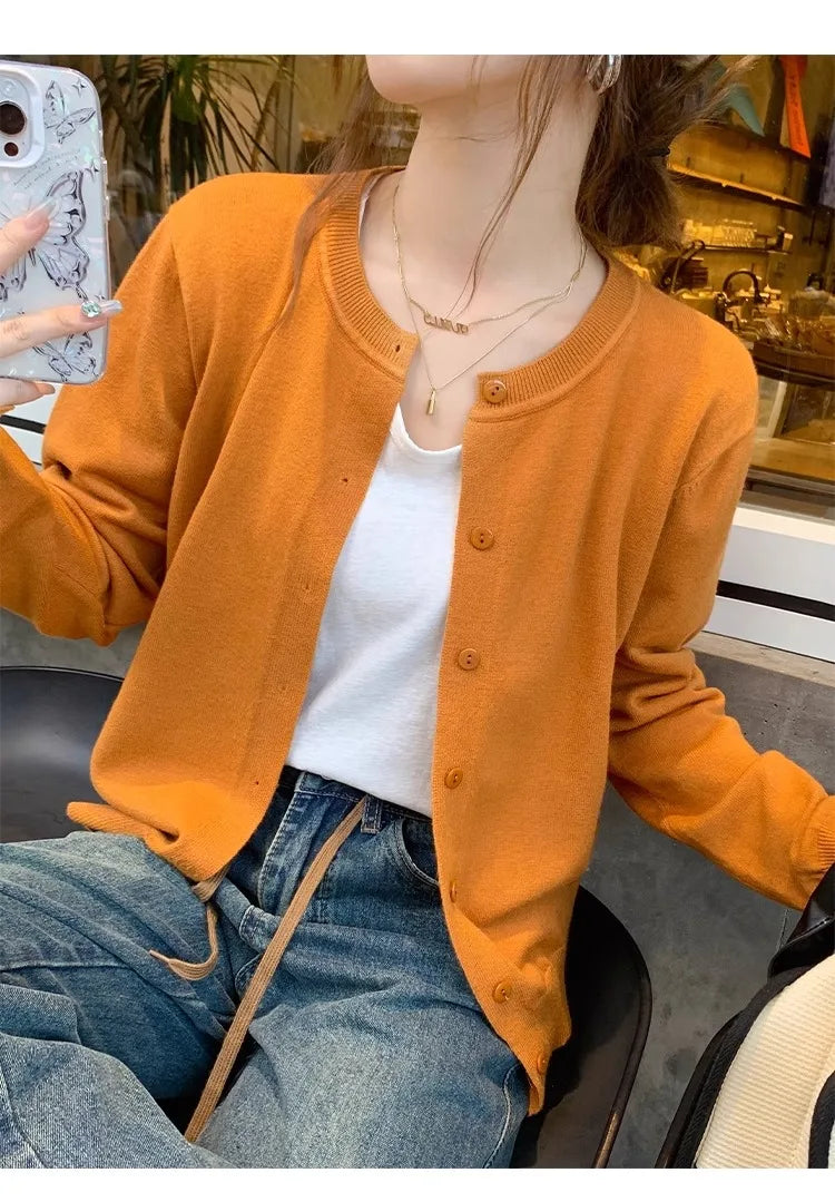 Women's Slim Button Cardigan — Crew Neck Knit