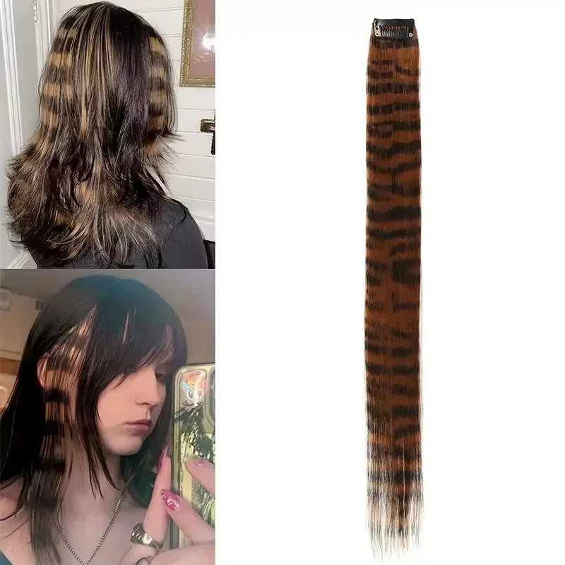 3pcs/set Stripe Printed Hair Colorful Long Straight Hair Pieces Synthetic Clip-in Hair Extensions for Daily Use Party Halloween