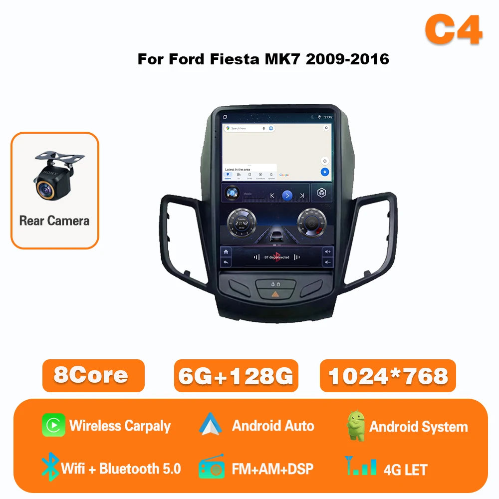 9.7" Android Car Stereo for Ford Fiesta MK7 (2009–2017) — Wireless CarPlay & Android Auto, GPS, 4G, WiFi