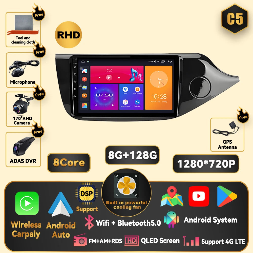 Android 15 Carplay For Kia CEED 2 JD 2012 - 2018 Car Radio Stereo Multimidia Player GPS Bluetooth DSP 2din Stereo QLED Screen
