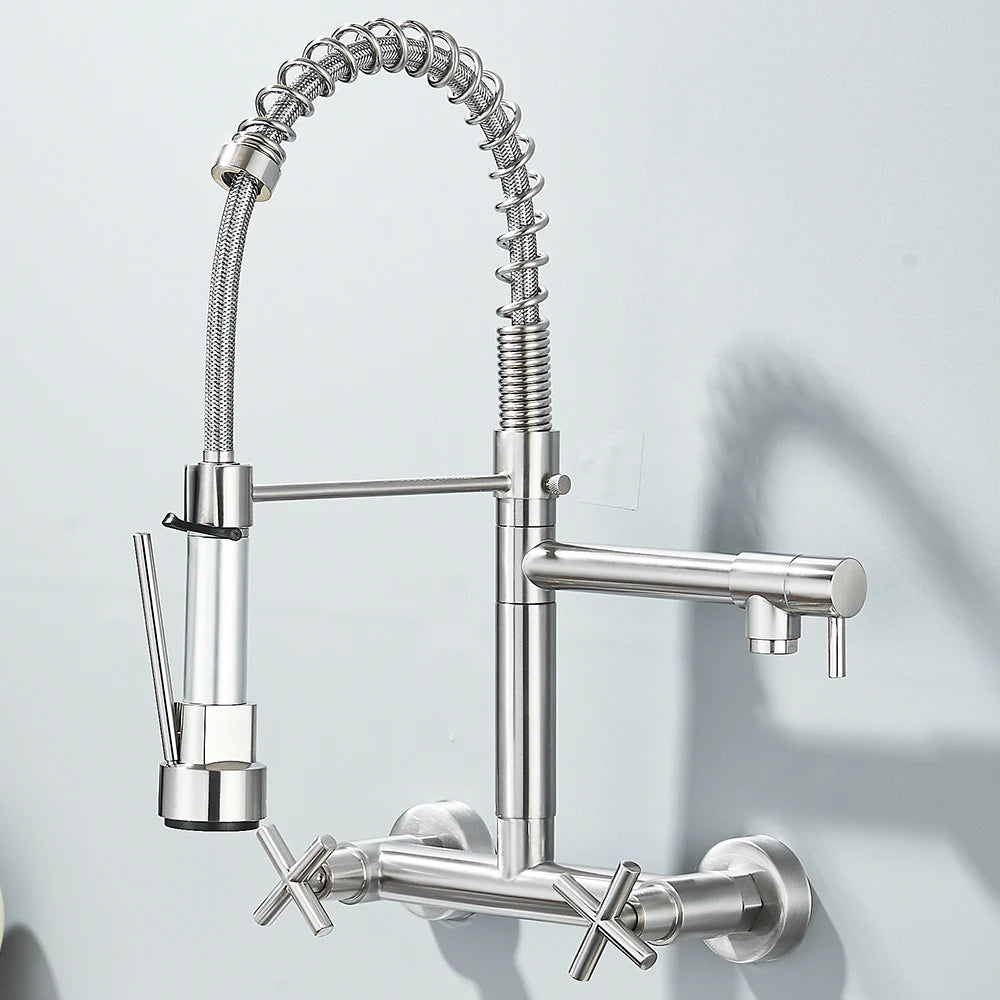 Pull Down Kitchen Faucet Wall Mounted Spring  Hot Cold Water Dual Spouts Kitchen Tap 20cm Distance For Two Holes