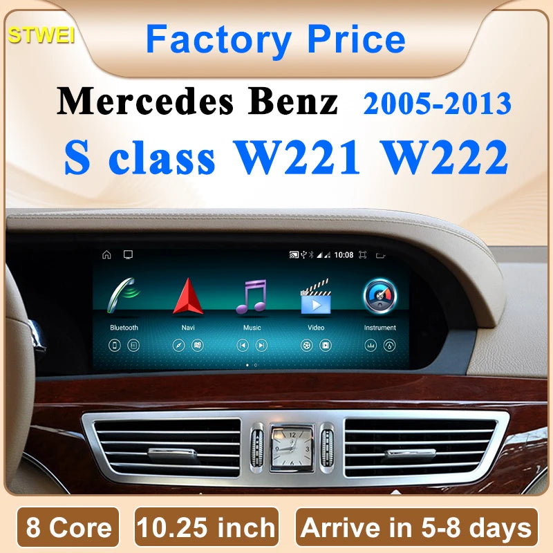 10.25" Wireless CarPlay & Android Auto Display Screen, Compatible with Mercedes-Benz S-Class W221 (NTG 3.0/3.5)