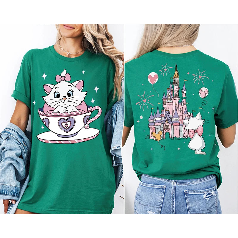 2026 Summer New The Aristocats Cartoon Anime Printed T-shirt Women's Fashion Casual T-shirt Mary Cat Crazy Teacup Party Shirt