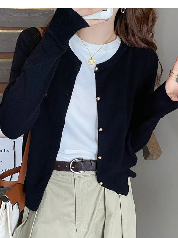 Women's round neck knit cardigan, button front — view 5 of 20