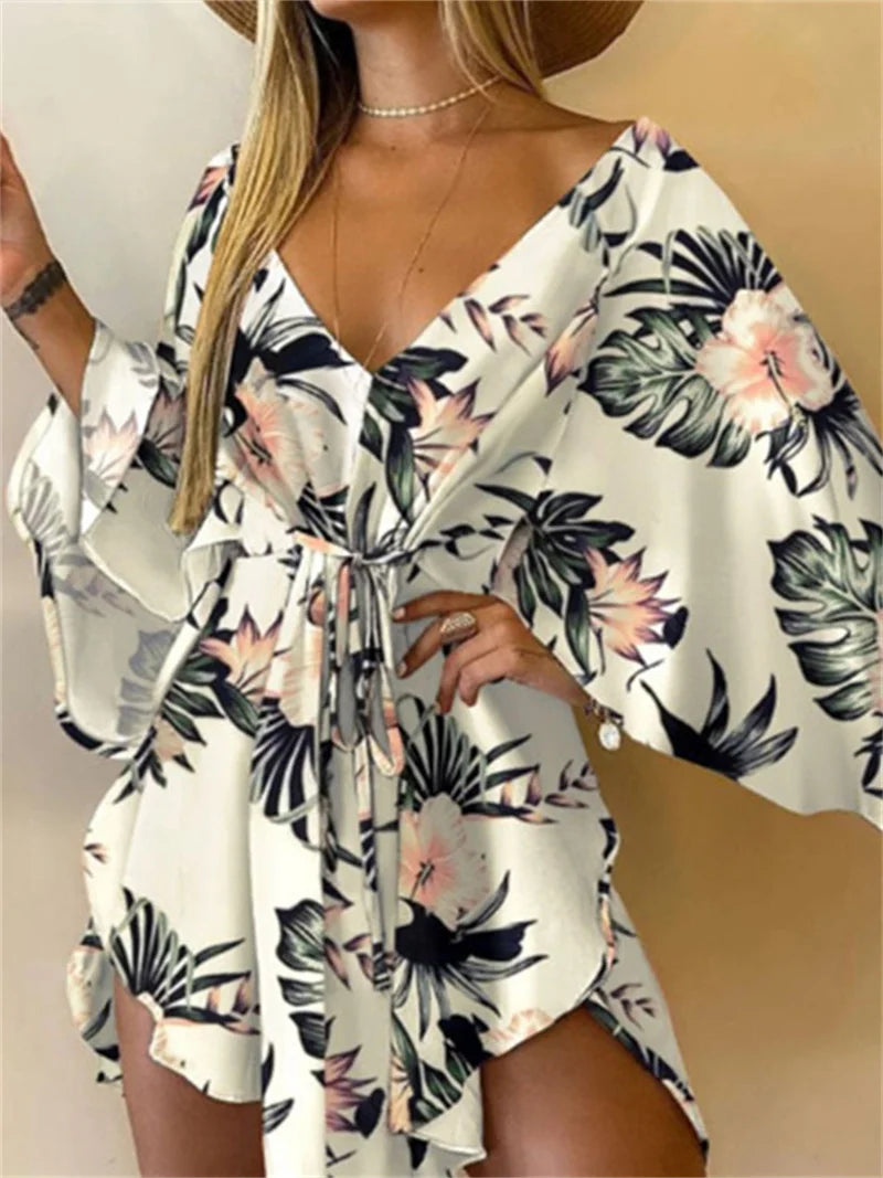 Women's Floral Print Bohemian Beach Sundress – V-Neck Bat Sleeve Ruffle Loose Summer Mini Dress