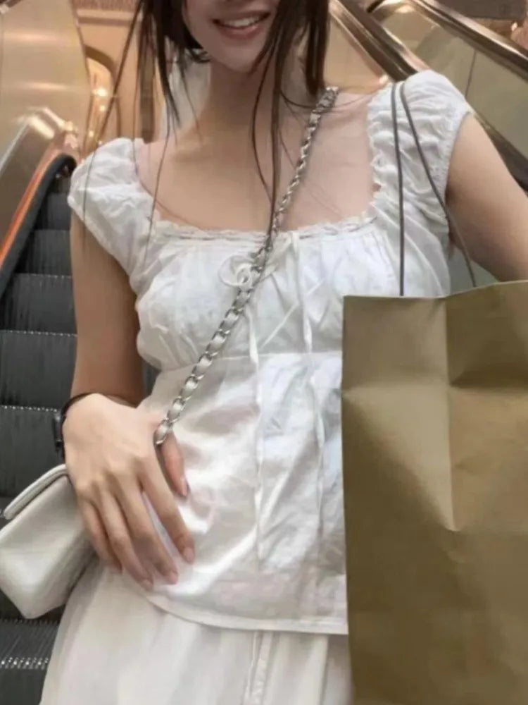 White Lace Tied Square Neck Summer T-shirts Chic Elegant Short Sleeve Tee Cotton Y2K Street Casual Bow Tie-up Top Women