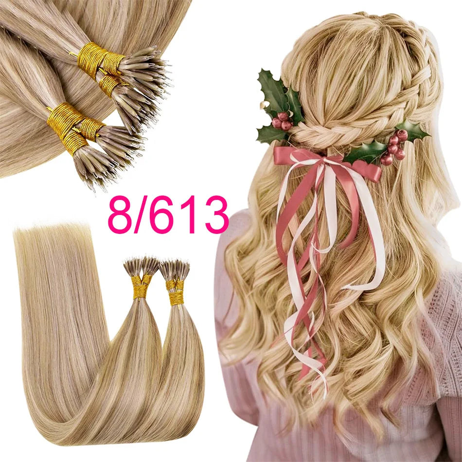 Straight Nano Rings Tip Hair Extension Ombre Natural Virgin 100% Human Hair Bulk Blonde Bundles Micro Beads Wholesale keratin