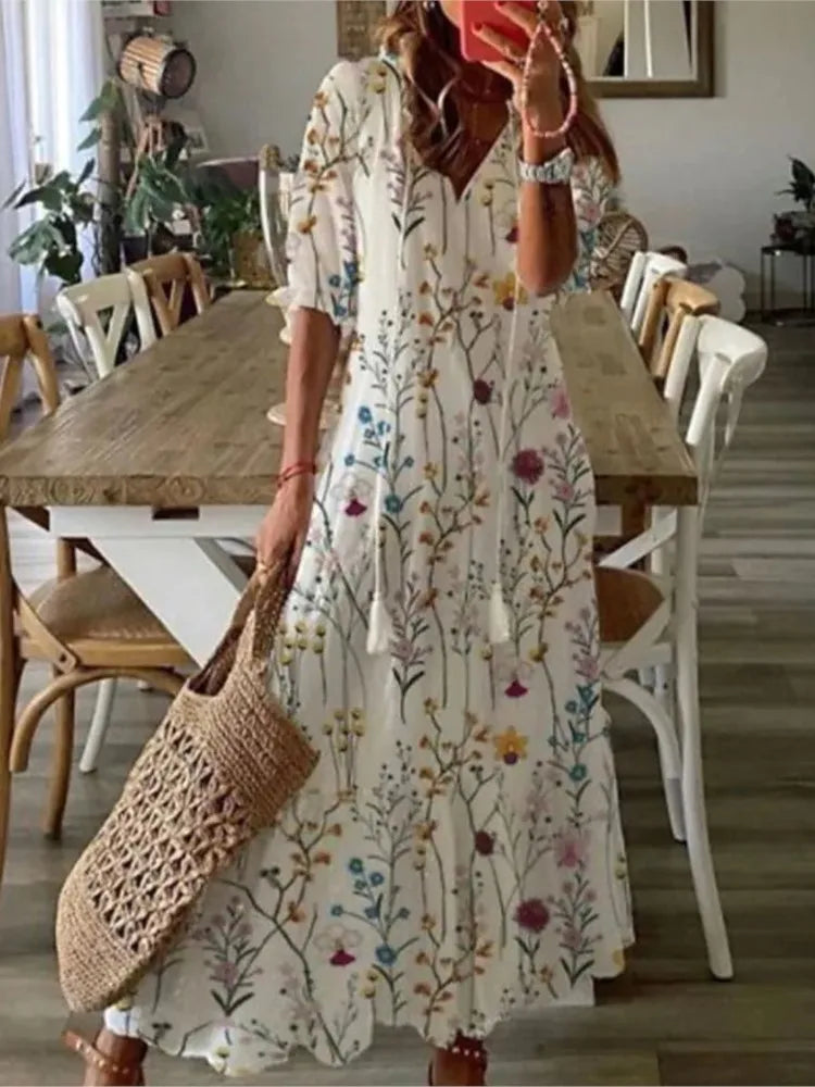 Women's Boho Maxi Dress – Casual V-Neck Drawstring Long-Sleeve Printed Bohemian Dress