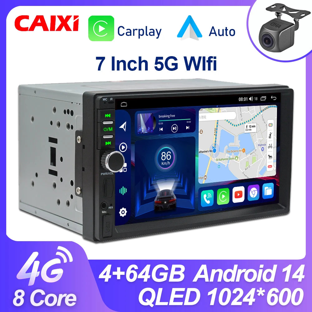 CAIXI Universal 2-DIN Android 14 Car Stereo — CarPlay, Android Auto, GPS for Toyota, Nissan, Jeep, Hyundai, Kia, Chevrolet, VW, Fiat