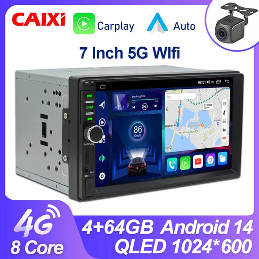 CAIXI Universal 2-DIN Android 14 Car Stereo — CarPlay, Android Auto, GPS for Toyota, Nissan, Jeep, Hyundai, Kia, Chevrolet, VW, Fiat