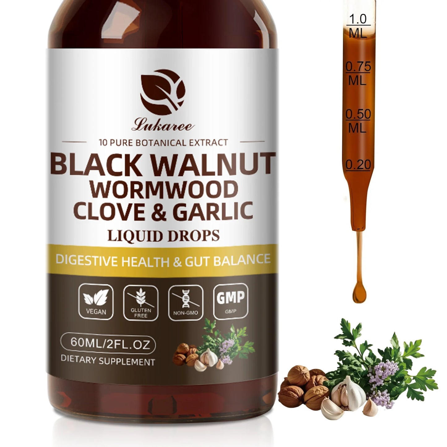Gotas de nuez negra Lukaree de 60 ml con clavo de olor y ajo: favorecen la digestión y la salud inmunitaria, desintoxican el cuerpo y son antioxidantes.