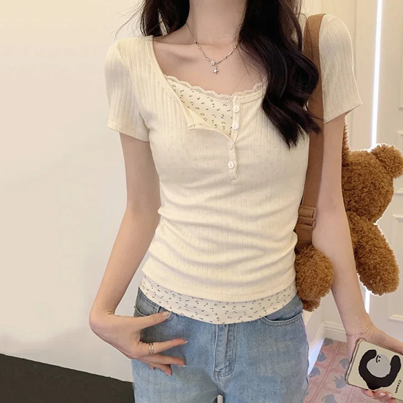 Women Soft Floral Lace Summer Blouse Lady Sweet Button Slim Fit 2026 Spliced Tops Female Seaside Designer Short sleeved T-shirt