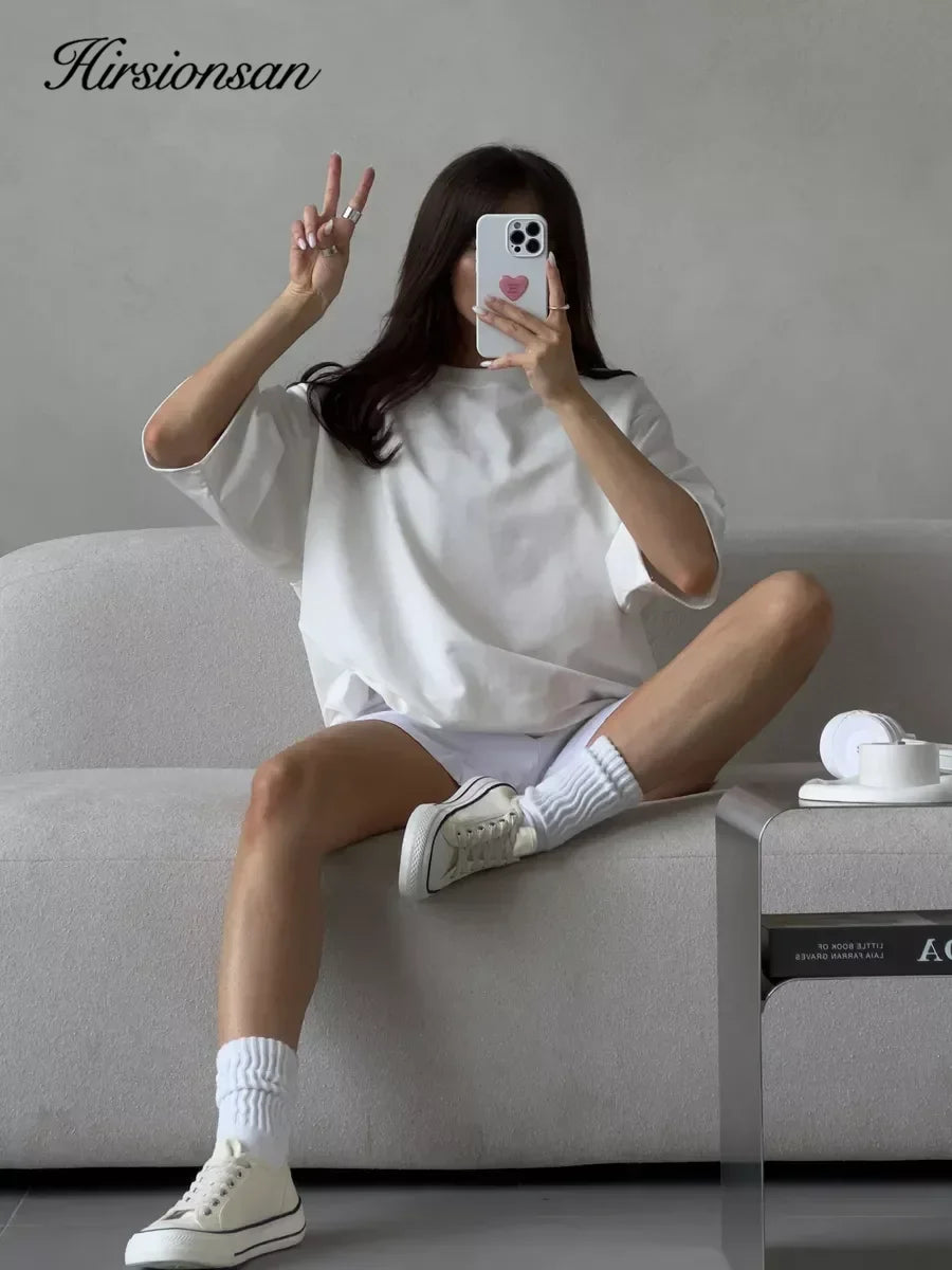 Hirsionsan Summer Casual Oversized T-shirts Women 100% Cotton Pink Loose Tees 2026 New Cusual Solid O Neck Female Aesthetic Tops