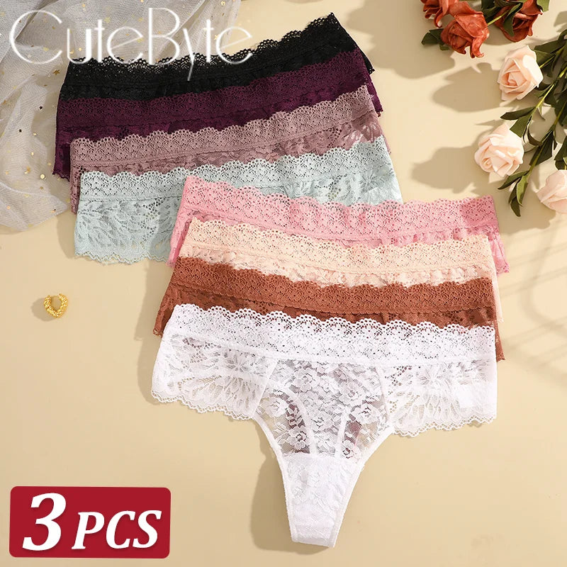 3-Pack Floral Lace Thongs – Soft Low-Rise Seamless Panties