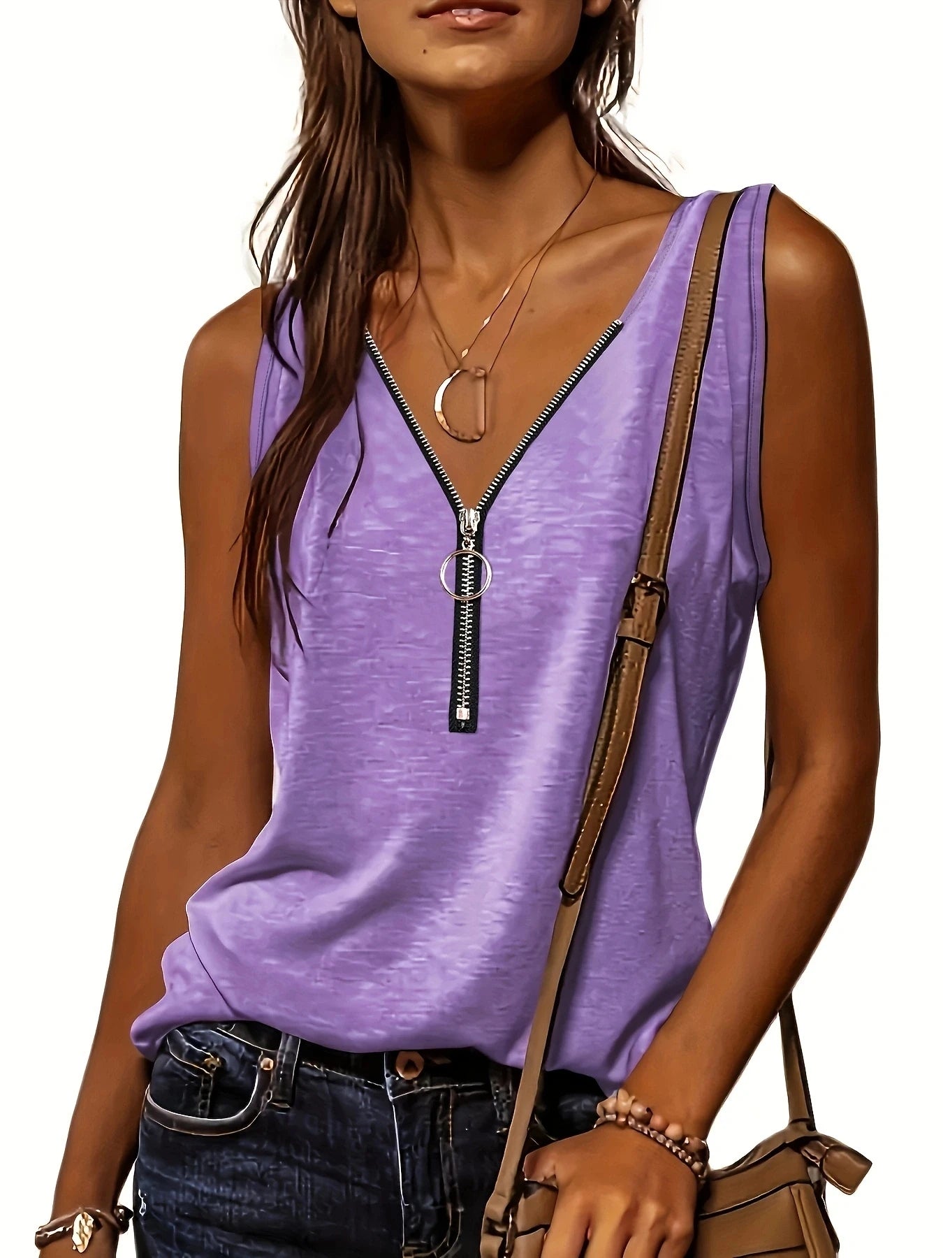 Versatile Women's V-Neck Half-Zip Tank Top - Casual All-Season Wear with Durable Stretch Fabric