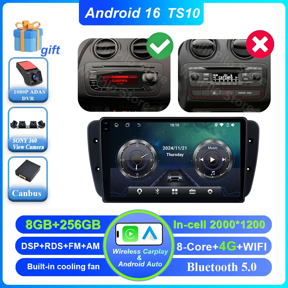 9" Android Car Stereo for Seat Ibiza MK4 6J (2008–2015) — CarPlay, Android Auto, GPS, 4G, WiFi