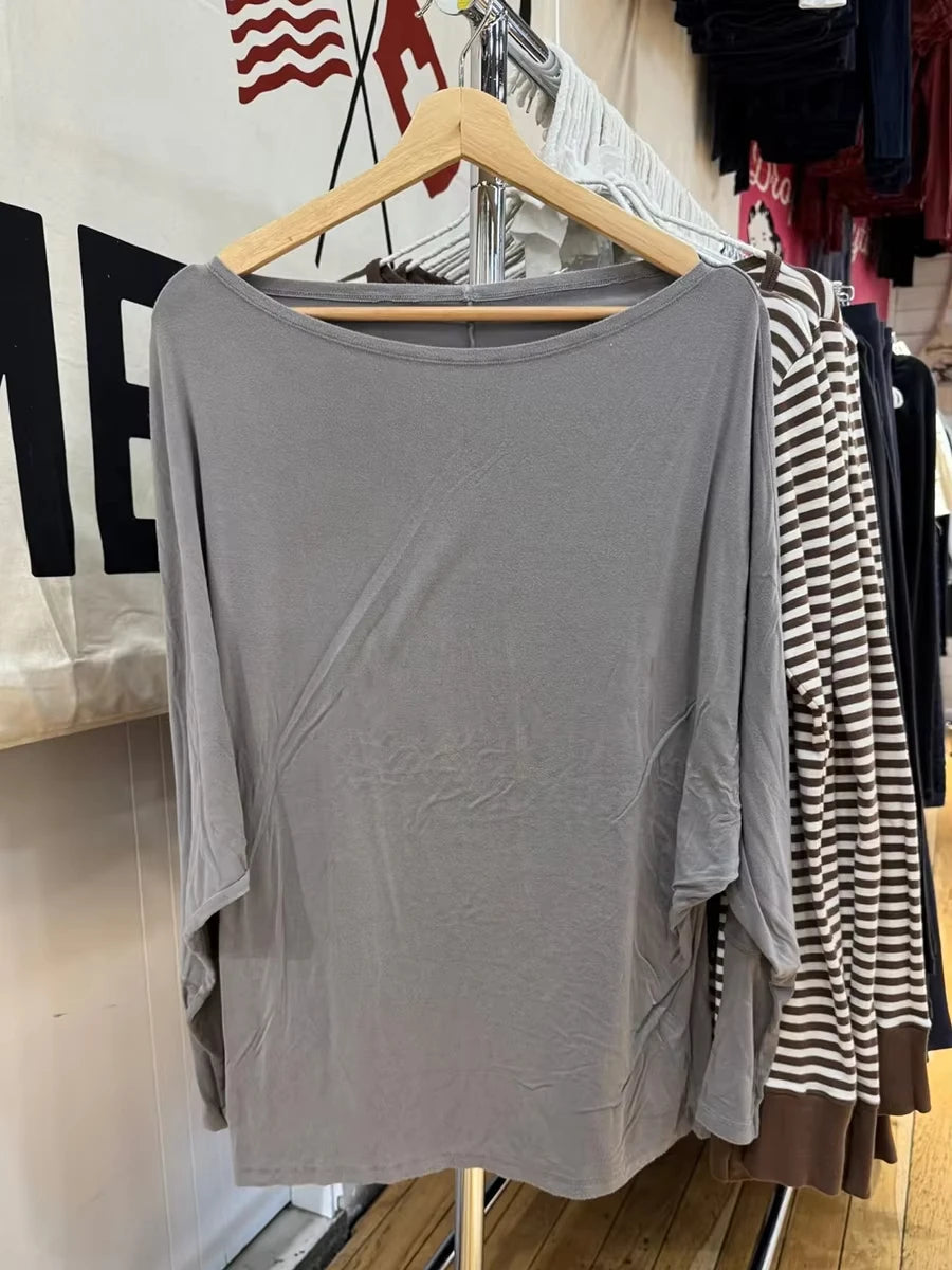 Long Batwing Sleeve T-shirts Woman Sexy Slash Neck Cotton Tee Shirts Female Casual Simple All-match Tshirts New Y2k Tops
