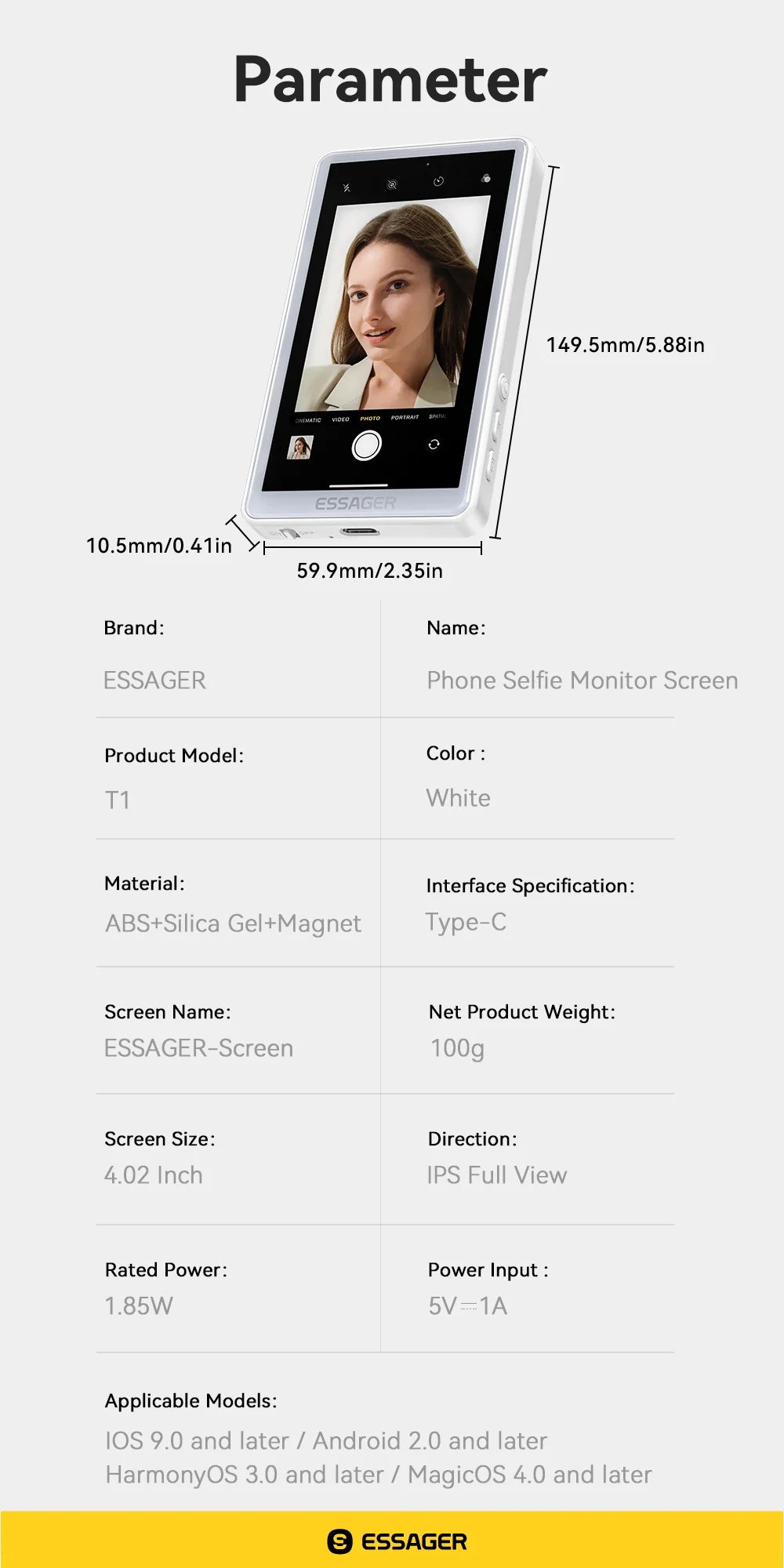 ESSAGER Magnetic Phone Selfie Monitor Screen for Smartphone Rear Camera Selfie Vlog Live Stream for iPhone Android phone