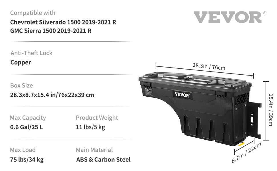 Lockable Wheel-Well Truck Bed Storage Box, Waterproof — Fits Silverado, Sierra & Full-Size Pickups
