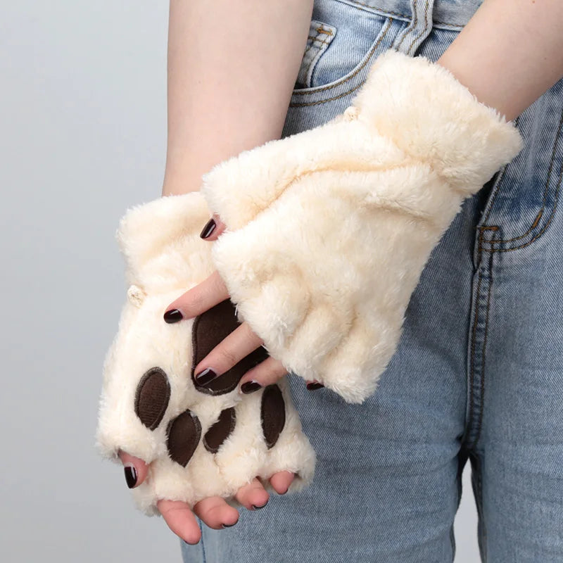 Women's Cat Paw Fingerless Gloves, Plush