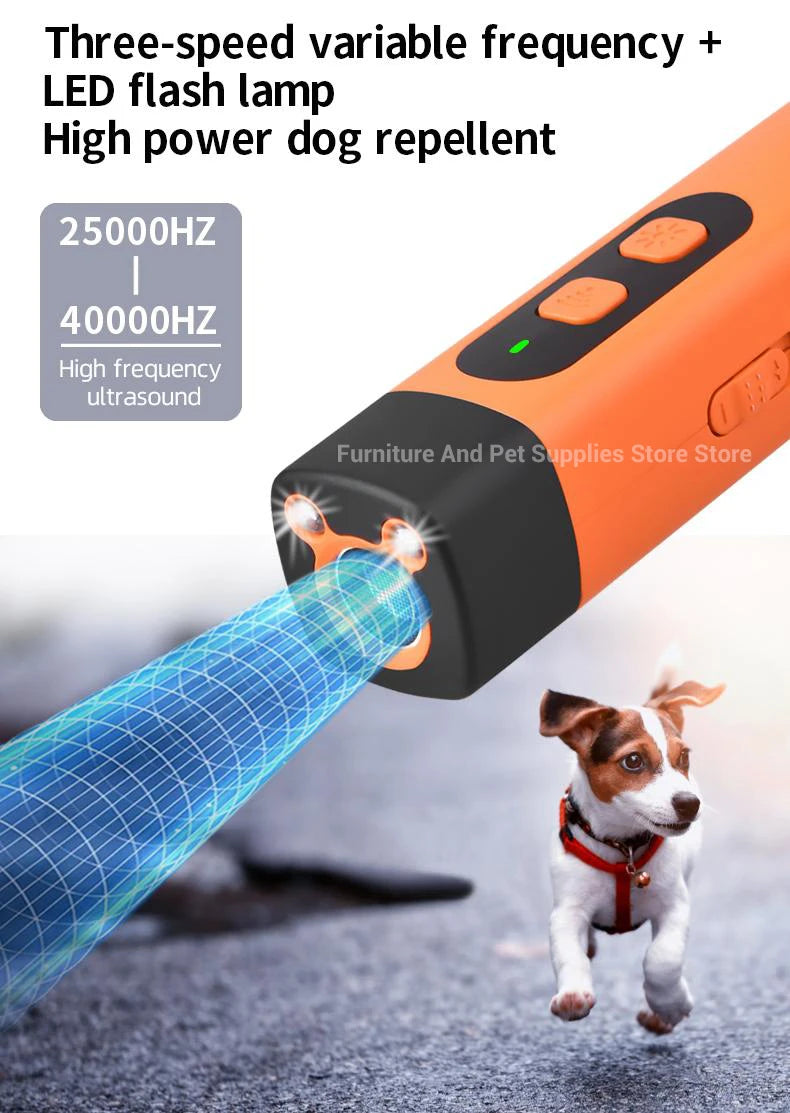 Rechargeable Ultrasonic Dog Repeller & Anti-Bark Deterrent – Dog Training Device with LED Flashlight | Orange
