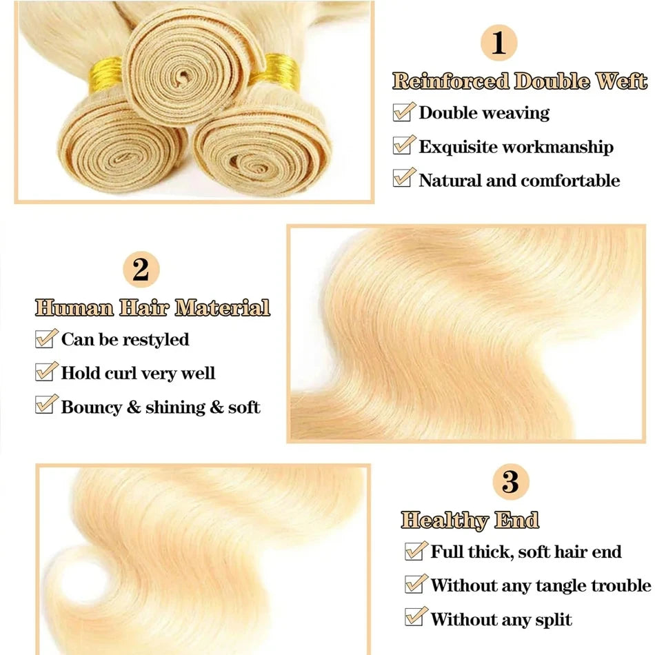 Colored Blonde 613 Human Hair Bundles 30 Inch Honey Blonde Body Wave Bundles 100% Unprocessed Raw Human Hair Extensions Bundles