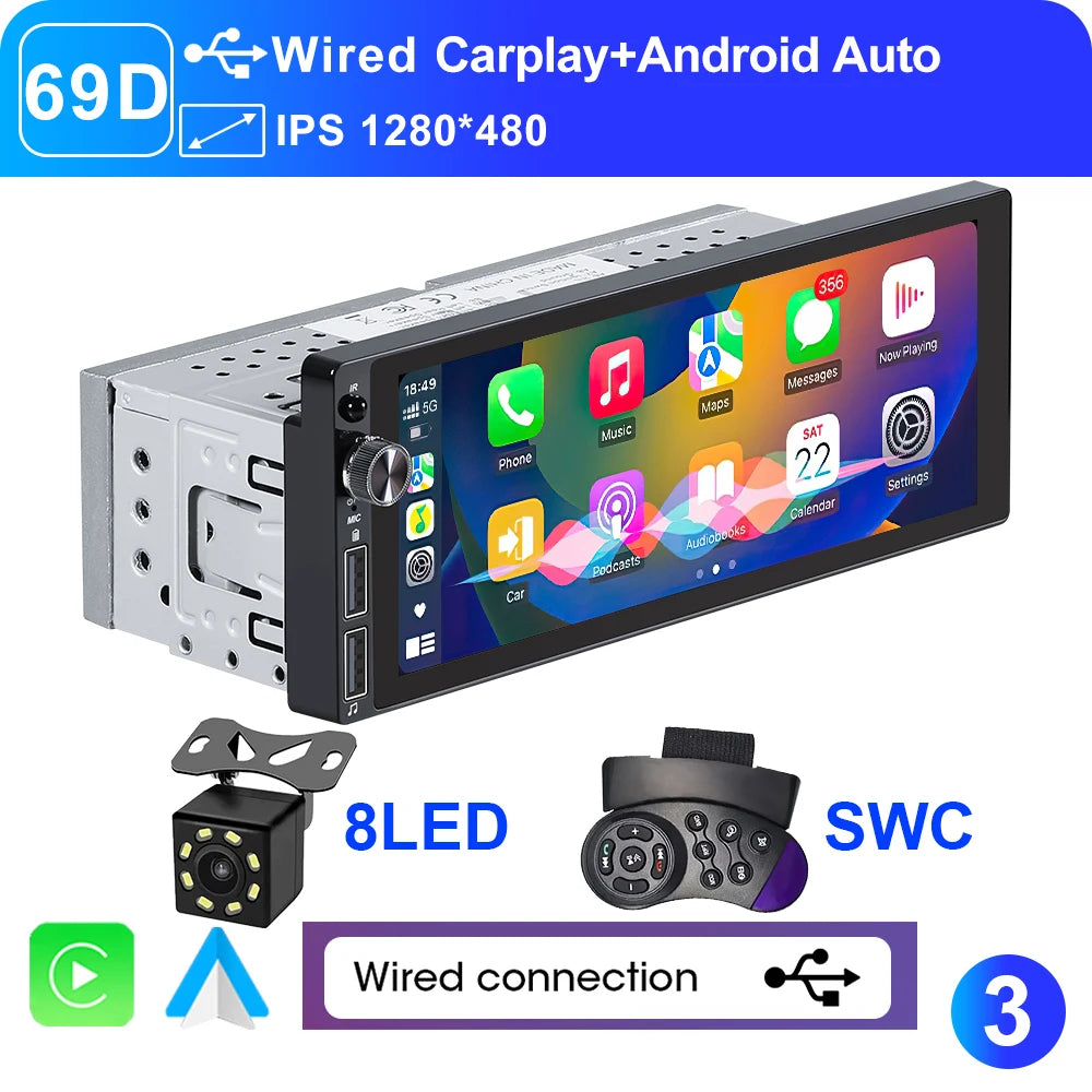 6.9" 1 DIN Universal IPS Car Stereo with Apple CarPlay & Android Auto